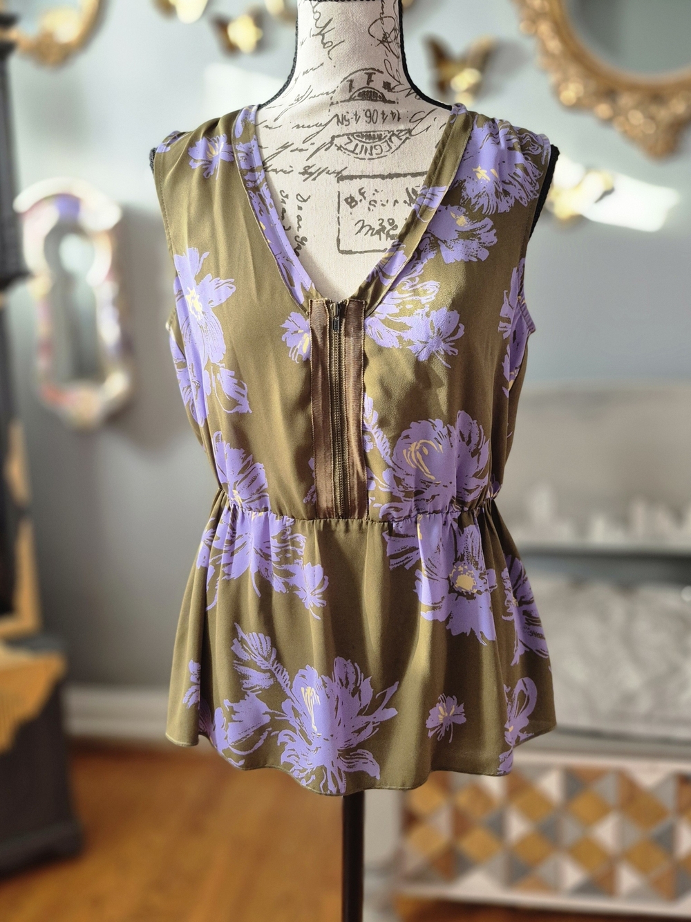 CAbi Olive Green Sleeveless Peplum Top with Lavender Floral Print XS